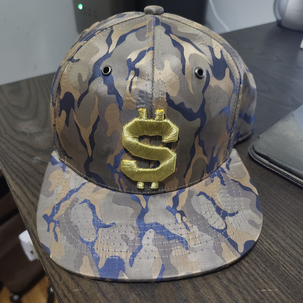 Camo Snapback Hat with Gold Dollar Patch